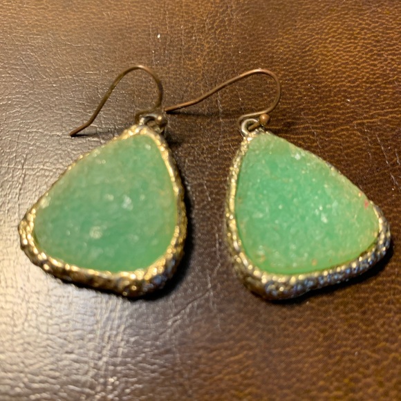 Green Druzy Earrings with Gold Trim - Picture 8 of 9